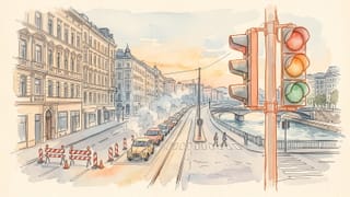 Aquarell: Wiener Straße am Kanal, eine Spur mit rot-weißen Baustellenschranken gesperrt, Autos stauen sich, vorne eine Ampel mit Schaltkreismustern in den Lichtern.