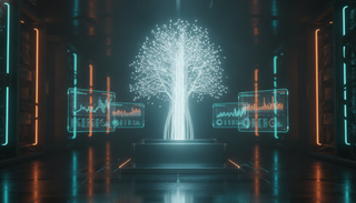 Leuchtender Baum aus Code-Fasern auf einem Metallsockel, umgeben von Hologramm-Diagrammen