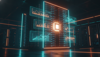 Leuchtender KI-Chip im Herzen eines Server-Racks mit Hologramm-Diagrammen in einem dunklen Rechenzentrum