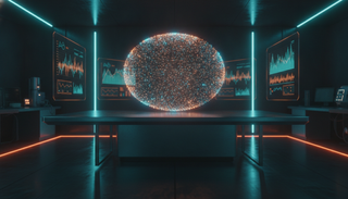 Leuchtendes Hologramm aus tausenden Lichtpunkten über einem Labortisch – KI löst offene Mathe-Probleme