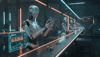 Menschenroboter an einer Montagelinie für Robotergelenke in einer dunklen Hightech-Halle