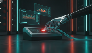 Roboterhand zieht ein leuchtendes Kabel aus einer Überwachungskonsole im Rechenzentrum