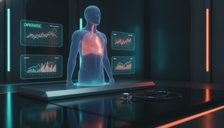 Hologramm eines menschlichen Oberkörpers mit Lunge und Herz, daneben Diagramme und ein Stethoskop