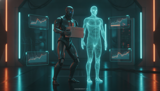 Menschenroboter mit Kiste ahmt die Bewegung einer leuchtenden Hologramm-Figur nach