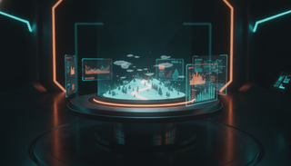 Hologramm einer KI-generierten Miniaturwelt mit Bäumen und Straße über einem leuchtenden Podest