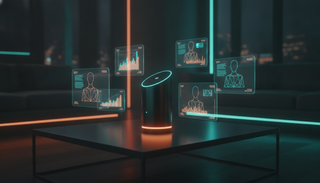 Holografische Personenakten schweben um einen KI-Assistenten im Wohnzimmer