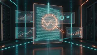 Leuchtendes Hologramm-Dokument mit Lupe, die ein verstecktes Wasserzeichen im Text sichtbar macht