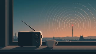 Altes Küchenradio auf einem Fensterbrett vor der Wiener Dachlandschaft in der Dämmerung, ein Sendeturm mit rotem Licht sendet Wellen, die sich am Himmel in Pixel auflösen.