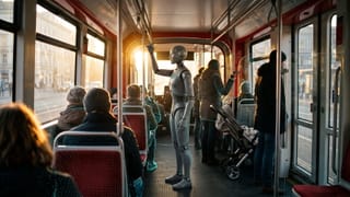 Ein grauer humanoider Roboter hält sich in einer Straßenbahn an der Stange fest, leuchtende Punktwolken zeichnen Sitze und Fahrgäste nach.