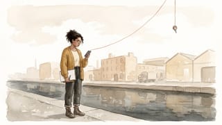 Aquarell einer Frau mit gelber Strickjacke am Kanal, die auf ihr Handy blickt. Von dort führt ein Faden in den Himmel zu einem kleinen Schalter, der weit außer Reichweite hängt.