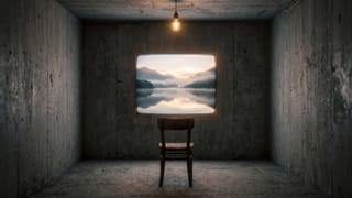 Ein fensterloser Betonraum mit nackter Glühbirne, an der Wand leuchtet wie ein alter Bildschirm ein nebliger Bergsee im Morgenlicht, davor ein leerer Holzstuhl.