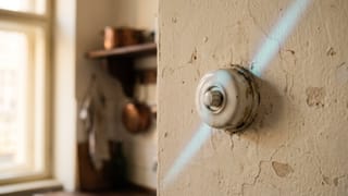 Alter weißer Porzellan-Drehschalter an einer rissigen, hellen Putzwand in einer Altbauküche, ein schmaler bläulicher Lichtstreifen fällt schräg darüber.