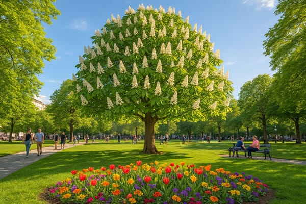 Ein Kastanienbaum steht in voller Blüte