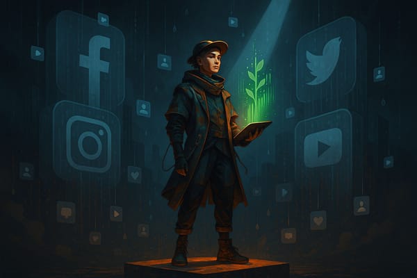 Eine selbstbewusste Person steht auf einer hell erleuchteten Insel inmitten einer dystopischen Social-Media-Landschaft. 