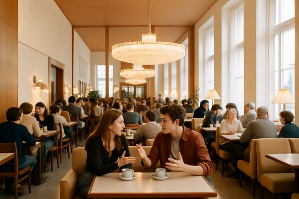 In der samtenen Stille des Café Prückel beobachte ich zwei junge Digital-Strategen