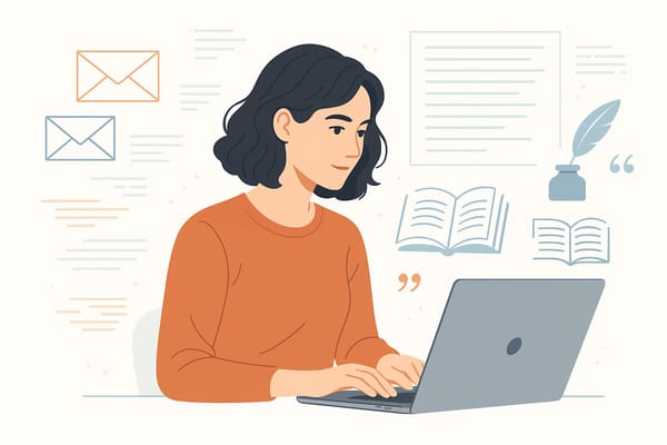 Eine junge Frau schreib am Laptop eine Newsletter Story