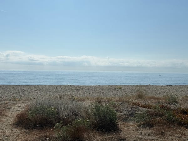 Im Himmel leichte Wolken, die Sonne hoch über dem Meer.