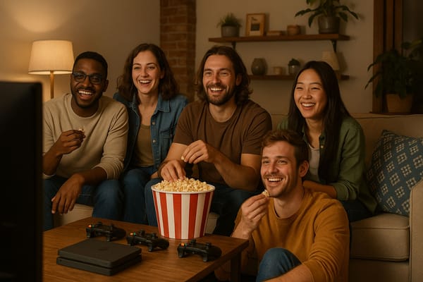 Fünf Freunde zocken und machen gerade Pause um eine witzige Kochshow zu sehen.