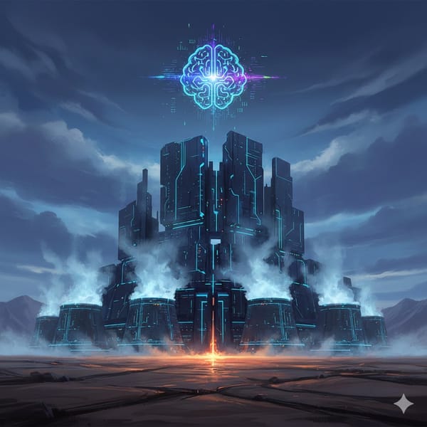 Ein gigantisches Rechenzentrum in der Wüste, im Vordergrund verdampfendes Wasser aus Kühltürmen