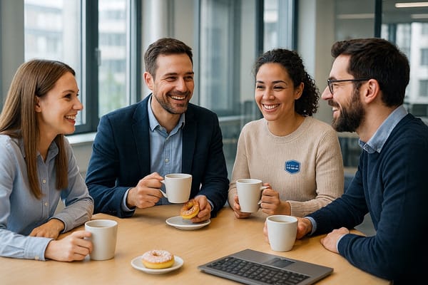 Die sigitalworld Academy ausgebildete KI Managerin trinkt Kaffee mit dem Marketing Team