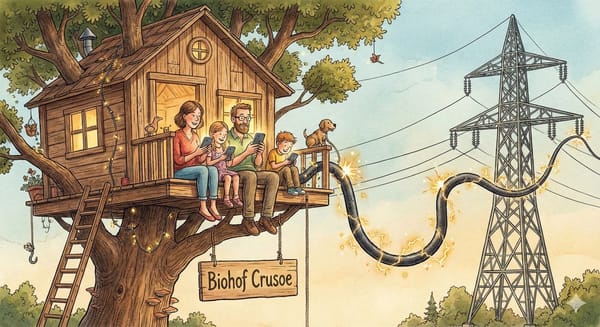 Die fröhliche familie Crusoe sitzt vor ihren handies