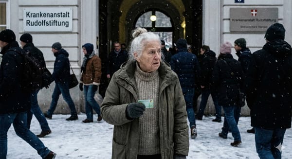 eine alte frau steht im eingang von der rudolfstiftung. in der hand hält sie die ELGA plastikkarte