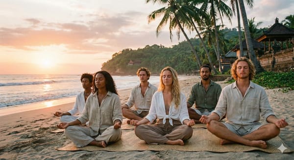Eine Gruppe junge Leute sitzen am Stand von bali und meditieren