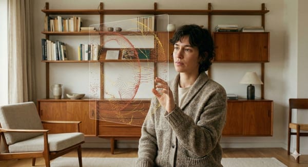 Ein Mensch interagiert nachdenklich mit einer schwebenden, warm beleuchteten Daten-Visualisierung seiner Gesundheitswerte.