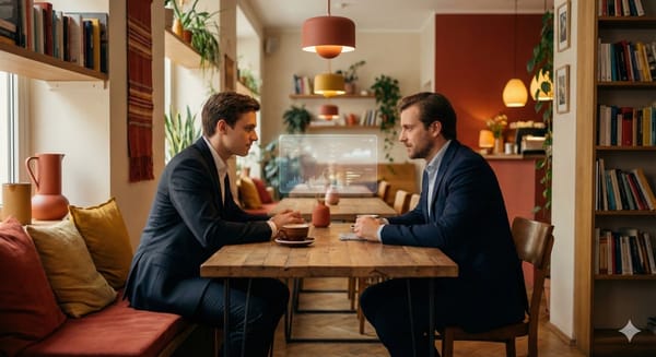Zwei Menschen in einem Café beim Betrachten einer holografischen Rechts-Analyse in warmem Licht. 