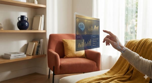 Menschliche Hand mit Implantaten interagiert mit einem holografischen KI-Interface.