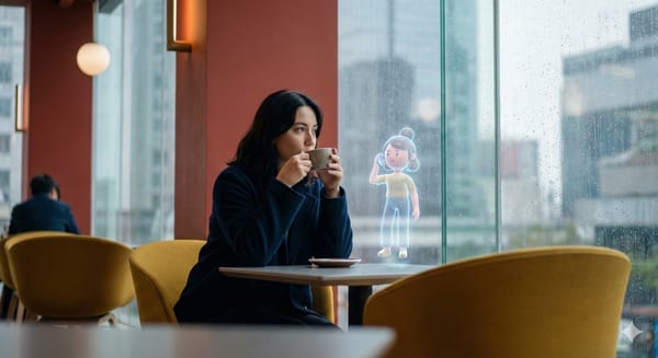 Eine Frau im Café beobachtet den Regen, während ihr kleiner digitaler Avatar ein Telefonat für sie führt.