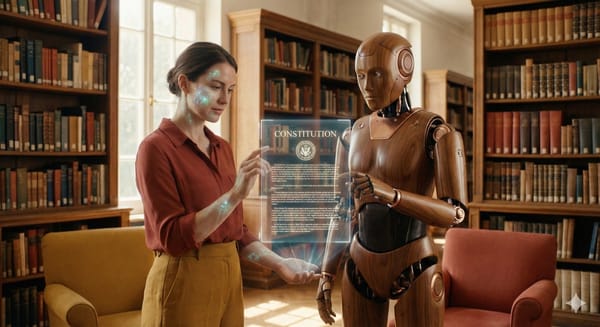 Ein Mensch und ein humanoider Roboter betrachten gemeinsam ein leuchtendes Dokument in einer stilvollen Bibliothek.