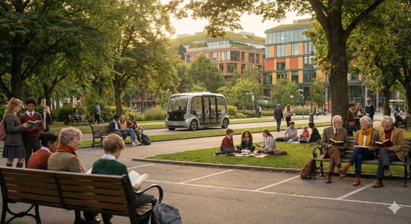 Menschen entspannen in einer grünen Stadtumgebung der Zukunft ohne private PKW.