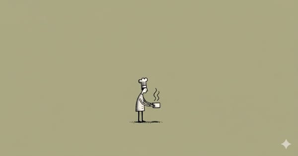 Minimalistische schwarze Tuschezeichnung eines kleinen Kochs mit Kochmütze, der eine dampfende Schale hält, im Zentrum einer weiten, flachen oliv-beigen Fläche.