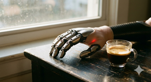 Nahaufnahme einer humanoiden Roboterhand neben einer Kaffeetasse in natürlichem Licht.