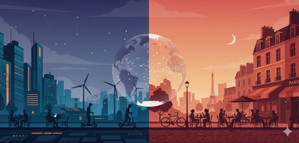 in Flat-Vector-Design im 16:9 Querformat, geteilt durch einen zentralen Globus. 