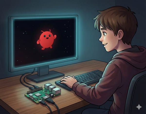 Ein Junge sitzt nachts vor einem leuchtenden Terminal-Fenster, ein schemenhafter KI-Assistent steht daneben.