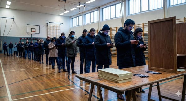 Eine lange Schlange von wartenden Wählern in Winterkleidung steht in einer Turnhalle