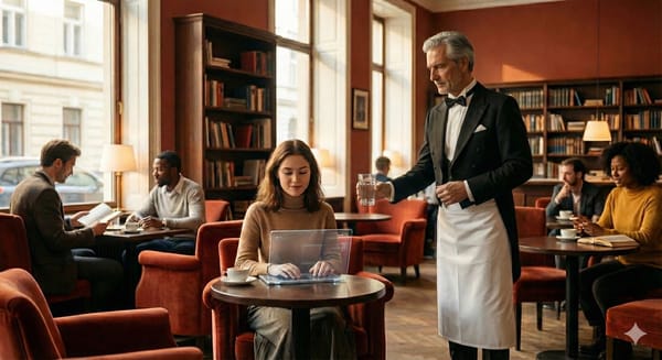 Mensch und Kellner interagieren friedlich in einem modernen Wiener Kaffeehaus im Jahr 2026.