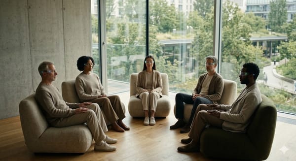 Menschen in einem modernen, hellen Raum nutzen neuronale Interfaces für eine gemeinschaftliche Meditations- oder Brainstorming-Session.