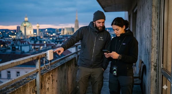 Zwei Personen auf einem urbanen Balkon beim Installieren einer LoRa-Antenne für ein Community-Netzwerk.