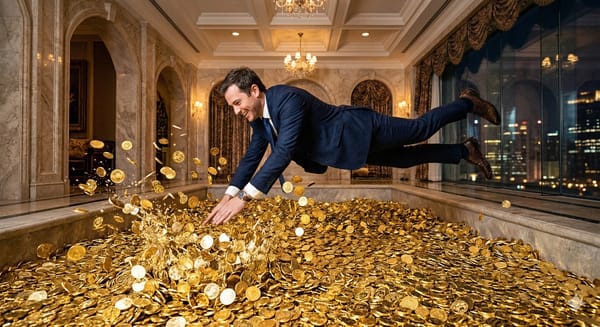 Ein Mann springt in ein Becken voll mit Goldmünzen