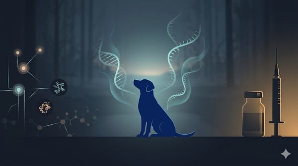 Stilisierte Hundesilhouette umgeben von DNA-Strängen und Datennetzwerken – Symbol für KI-gestützte Krebstherapie