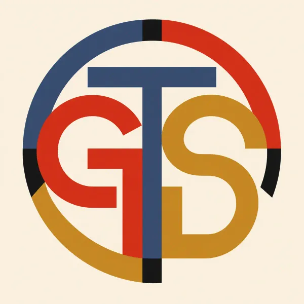 Bauhaus-style geometric monogram logo combining the three letters G, T and S