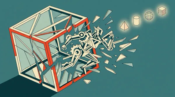 Bauhaus-Illustration: eine geometrische Maschinenfigur durchbricht einen gläsernen Würfel und bewegt sich auf vier entfernte, schwach leuchtende Strukturen zu