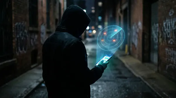 Dunkle Silhouette mit Smartphone, aus dem Display steigt ein leuchtender Radar-Scan über verdächtige Nachrichten-Symbole