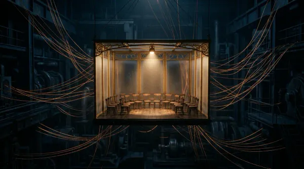 Ein winziger beleuchteter Theatersaal mit fünfundzwanzig leeren Stühlen schwebt im Inneren einer dunklen Maschinenhalle, umgeben von glühenden Leitungen – Sinnbild für den J-Space in Sprachmo