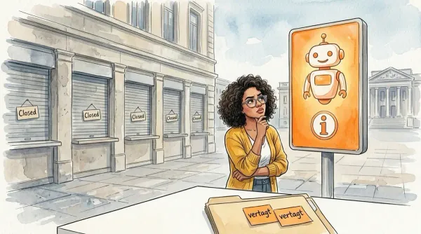 ein orange leuchtendes KI-Hinweisschild steht vor geschlossenen Behördenschaltern, daneben ein Aktenordner mit zwei Vertagungs-Klebezetteln.