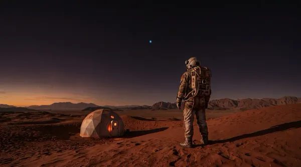 Astronaut auf einer Marsdüne blickt zur fernen blauen Erde am schwarzen Himmel, daneben eine kleine erleuchtete Habitatkuppel.