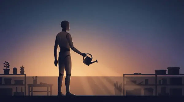 Dunkle Silhouette eines humanoiden Roboters mit Gießkanne vor einem Farbverlauf aus Indigo und Bernstein